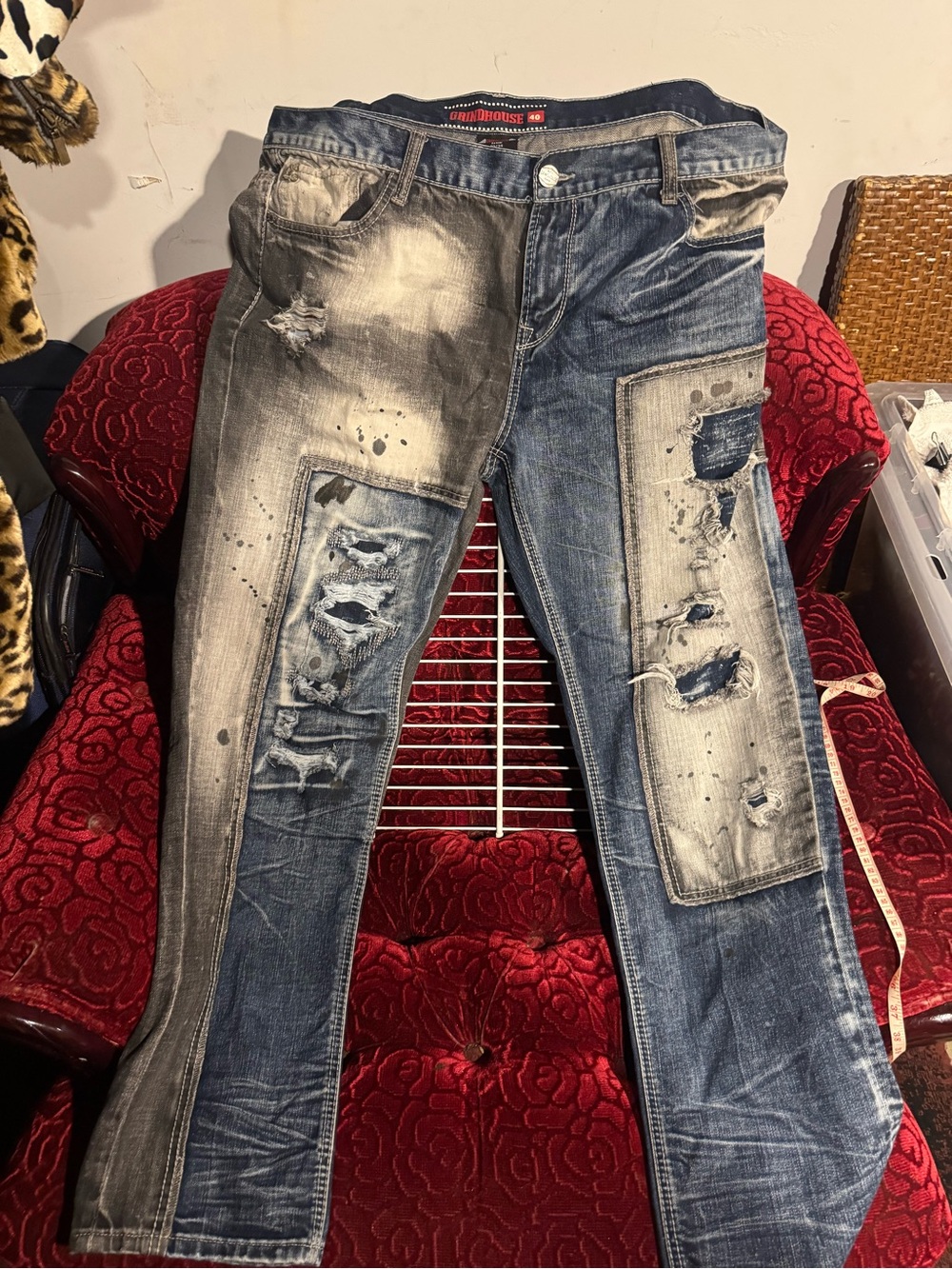 Men's Slim Straight Distressed Two-Tone Blue Patch Jeans